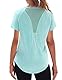 Wayleb Sportshirt Damen Kurzarm Sommer Rundhals Leichtes Atmungsaktiv Back Mesh Sport Tshirt Oberteile Lang Laufshirt Trainingsshirt Fitness Gym Yoga Top, Blau L