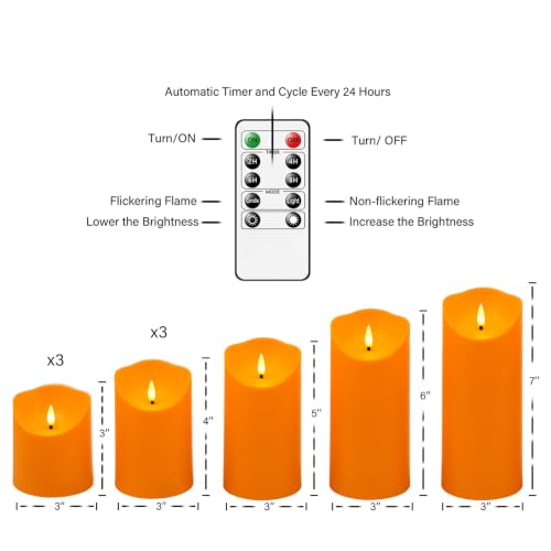 Image of Nimiko Flameless Candles with Remote, Battery Operated Flickering Flameless Candles, LED Candles with Timer 2 /4 /6 /8H, with Realistic LED Candles Set of 9 (D3 x H 3 inch 4 inch 5 inch 6 inch 7 inch) (Orange)