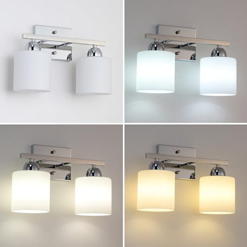 Image of Mecgirn Stainless Steel Milk Glass Vanity Lights for Bathroom, 2 Light Chrome Bathroom Light Fixtures Over Mirror, Ceramic E26 Sockets Wall Mounted