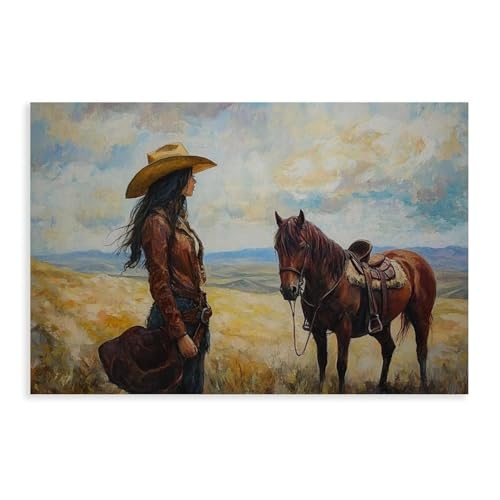 Tableau cowgirl et cheval prairie impression toile premium