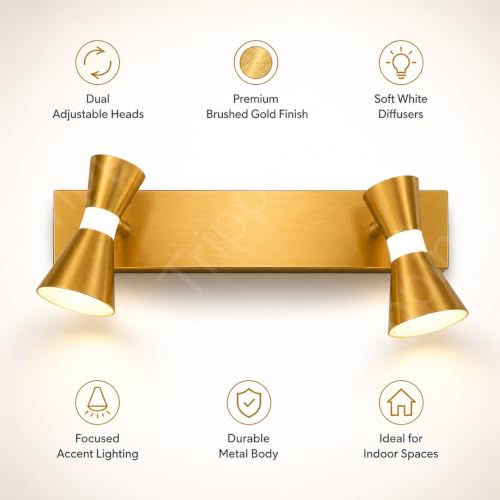 Image of TRIPPING LX397 8W 3-in-1 LED Wall Light with 2 Adjustable Heads, Golden Metal Focus Spot Lamp for Dressing Table, Mirror, Bedside and Accent Wall, 30 x 15 x 7 cm