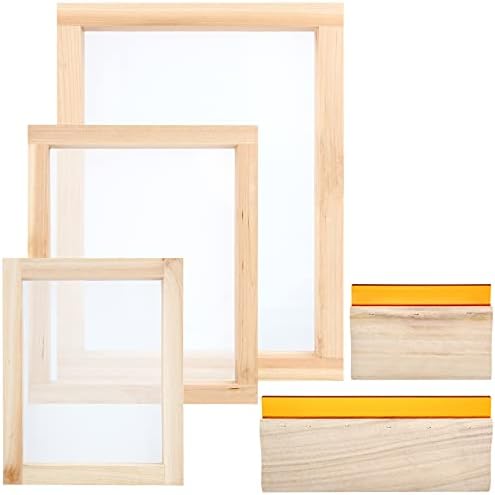Colovis Screen Printing Frame and Squeegee Kit for Home or Small Business, Include 3 PCS Wooden Screen Printing Frames with Mesh and 2 PCS Screen Printing Squeegees
