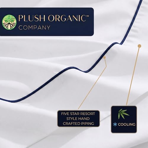 Image of Queen Luxury 4 Piece Bedsheet Set by Plush Organic Company, White with Navy Piping, Viscose (Rayon) derived from bamboo, Organically grown, Ultra Soft with17 inch Deep Pockets, 300 Thread Count