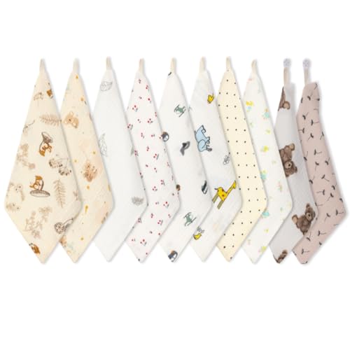 norinori Toallas de muselina para bebé, 10 unidades, muselina para recién nacidos, 100 % algodón suave, multiusos, 25 x 25 cm, toalla de baño para niños y niñas, toallas de bebé