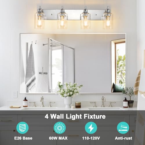 Image of 4-Light Bathroom Light Fixtures Modern Chrome Vanity Lights for Bathroom Lighting Fixtures Over Mirror for Cabinet Mirror Bedroom Hallway