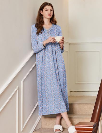 Ekouaer Women's Long Sleeve Nightgown Full Length Sleepwear Long Sleepshirts Henley Sleep Dress S-4XL - Image 3