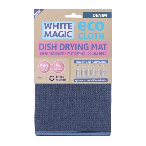 White Magic Dish Drying Mat, Denim - Absorbent & Hygienic, Protects Countertops, Quick-Drying Anti-Microbial, Foldable & Easy to Clean, Versatile for Kitchen Essentials, 45x40cm