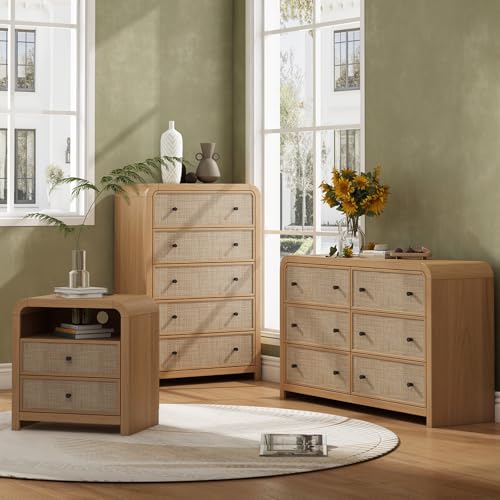 Image of Oak&Sparrow 2 Drawer Tall Dresser for Bedroom, 23.6'' Rattan Dresser with Ample Storage, Boho Chest of Drawers, Thickened Curved Profile Design, Oak Dressers for Bedroom, Living Room