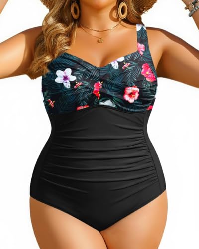 Image of Women Plus Size One Piece Swimsuits Tummy Control Twist Front Bathing Suit | Unremovable Bra, Sweetheart Neckline, Wide Adjustable Straps, Ruched Stomach, Side-Splicing Design, Full Coverage Bottom
