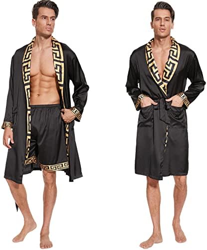 N&D Eyong Men's Luxurious Silk Feeling Bathrobes Long Sleeve Satin Kimono Robe with Shorts Sleepwear Set Printed Bathrobes…