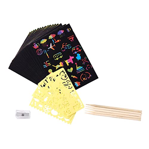 Vaguelly Tools for Kids 1 Set Scratch Paper Art Kit 50 Sheets 4 Stencils 5 Pens Pencil Sharpener