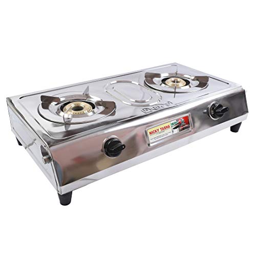 Image of kitchen king Nicky Tasha Heavy Stainless Steel 2 Open Burner Body ISI Certified Pan Supported Gas Stove (Metallic Silver).