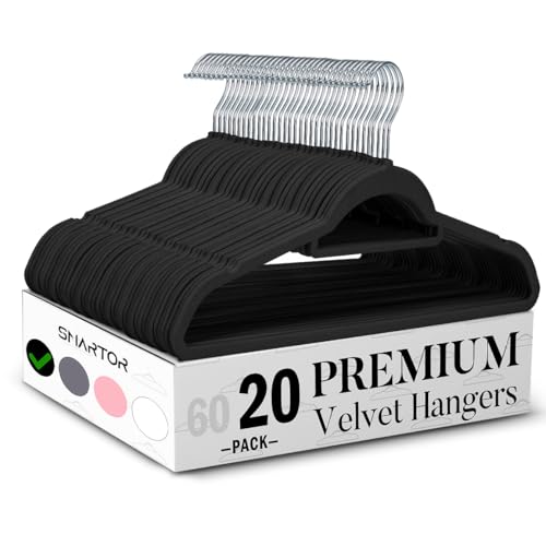 Smartor Black Velvet Hangers 20 Pack, Space Saving Clothes Hangers with Tie Bar, Non-Slip Felt Hanger with Shoulder Notches, Heavy Duty Suit Hanger for Coat, Shirt, Pants, Dress
