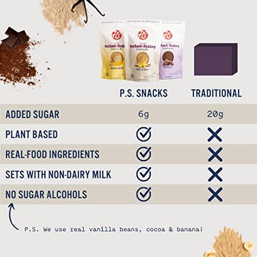 Plant Based Instant Pudding By P.s. Snacks (Variety Pack Of 3, Vanilla Bean, Chocolate And Banana Cream), Dairy Free, Gluten Free, Soy Free, 70% Less Sugar, Vegan, Baking Mix #TOP3