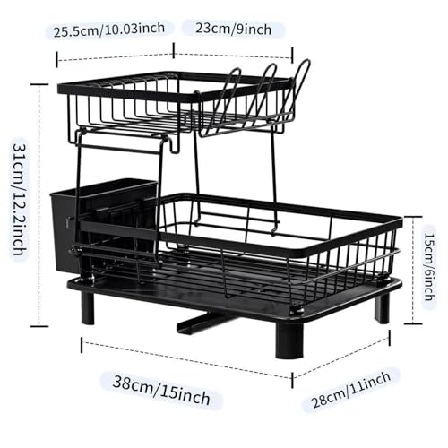 Image of 2 Tiers Dish Drying Rack, Space-Saving Dish Racks for Kitchen Counter, Dish Drainer Drying Rack with Drainboard, Utensil Holder Cups Holder and Adjustable Swivel Spout, Black