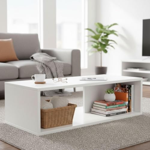 Image of FURLAY Aura Engineered Wood Coffee Table, Minimalist Matte White Coffee Table - 80cm Center Table with Asymmetrical Open Storage & Sleek Geometric Design for Living Room or Office (FWTC5-White)