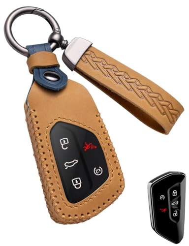 YINEOR for Volkswagen Key Fob Cover Leather Car Key Case Keychain Fob Holder Compatible for VW ID3 ID4 MK8 GTI Golf R 8 Atlas Skoda Enyaq Octavia (Brown)