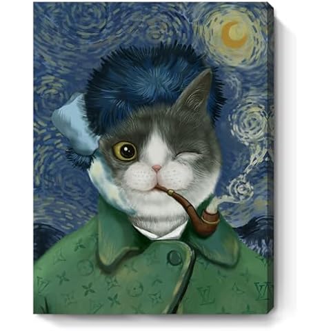 Bathroom Wall Art Starry Night Picture Cat with Bandaged Ear Funny Canvas Print Abstract Famous Painting Framed Artwork for Home Bedroom Living Room Office 12x16inch Cover