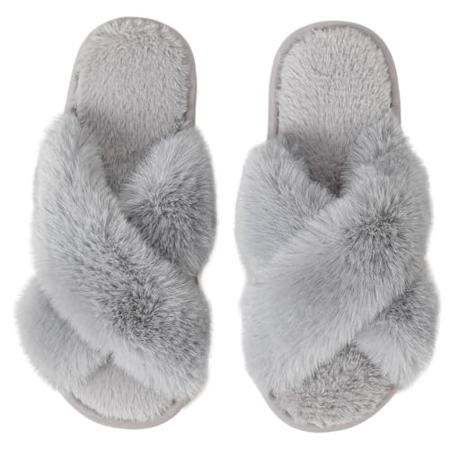 Image of Women's Cross Band Fuzzy Slippers Fluffy Open Toe House Slippers