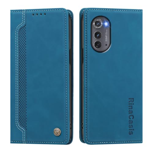 rongki Leather Case for Motorola Edge 2022, PU Leather Magnetic Folio Flip Wallet Case with Card Holder Kickstand Shockproof Protective Phone Cover for Motorola Edge 2022, Light Blue