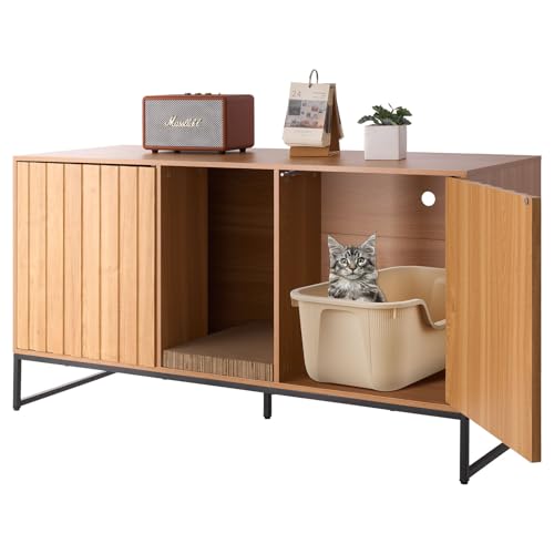 VEVOR Cat Litter Box Enclosure Furniture, 47.2 in Hidden Litter Box Cabinet with Scratch Pad & Storage, Waterproof Cat Washroom End Table Cat House, Fit Most of Litterbox, for Bedroom Living Room