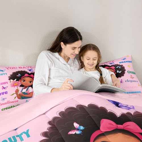 Image of Erosebridal Black Girls Magical Bedding Set Butterflies Inspirational Quotes King Comforter Set African American Comforter Afro Black Princess Girl Duvet Insert for Nursery Kids Pink Room Decor