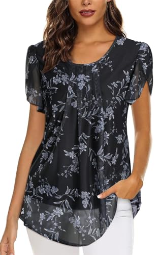 Genfien Camicia da Donna Scollo Rotondo Chiffon Bluse Tessuto Reticolare Traspirabile Elegante Tops Casual Bluse e Camicie con Stampata