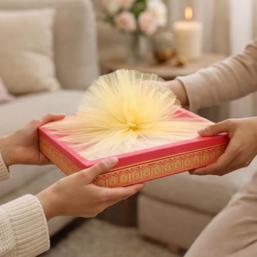 Image of SATYAM KRAFT 6 Pcs Multipurpose Decorative Folding Gift Box | Premium Paper Tray with Net for Wedding Return Gifts, Shaadi /Marriage, Anniversary, Hampers, Festive Gift Packaging (Dark Pink)