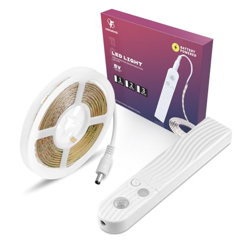 FOROUREYES DC5V Dimmbare LED-Lichtleiste mit PIR-Bewegungsmelder 3 m batteriebetrieben warmweiß selbstklebendes wasserdichtes LED-Band für Schrank Unterbett Küche und Raumbeleuchtung