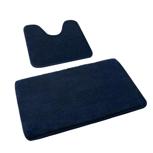 Image of Rururug Soft Bath Mat Set of 2 - Super Absorbent & Non-Slip Bathroom Mats with TPR Backing, Machine Washable - 50x80cm + 50x50cm Rug Set for Shower & Toilet Floor (Navy)