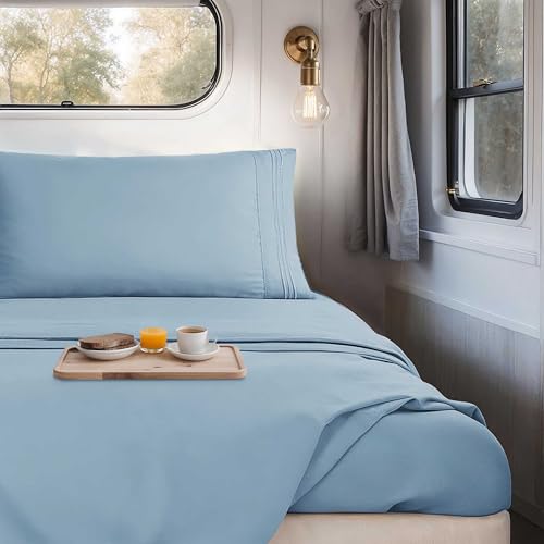 Image of Nestl Stone Blue Short Queen Sheets for RV, Hotel Luxury RV Queen Sheets Set, 4 Piece Fitted Bed Sheet Set and Pillowcases, Super Soft, Wrinkle-Free, and Breathable Camper Bedding