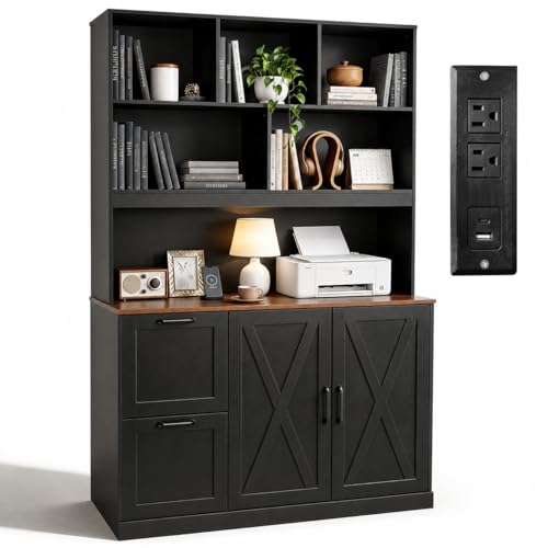 NORTHSKY 72 Tall Bookshelf with Power Outlet 2 Drawer File Cabinet for A4 Hanging Files 3-Tier Open Shelves & Closed Storage Cabinets Multifunctional Printer Stand - Black