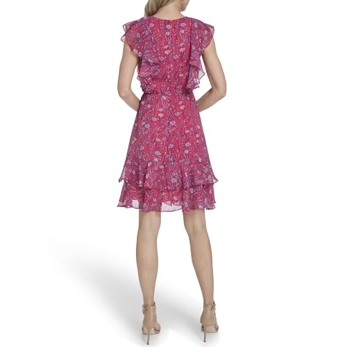 Image of Tommy Hilfiger Women's Sleeveless V-Neck Ruffle Trim Tie Waist Chiffon Mini Dress