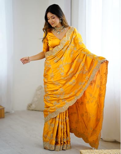 Image of Satrani Women's Satin Embroidery & Sequin Work Saree with Unstitched Blouse Piece