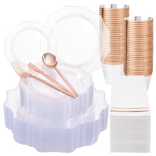 WDF 350Pcs Rose Gold Plastic Plates - Clear Rose Gold Disposable Plates 50Guest Plastic Dinnerware for Birthday/Wedding/Spring Party