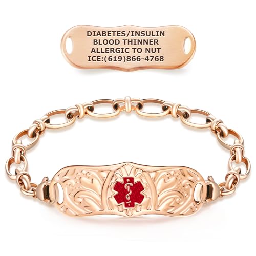 Divoti Custom Engraved Medical Alert Bracelets for Women | Signature Custom Medical ID Bracelet with Red Caduceus | 4-Line Personalized Emergency ID