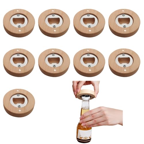 Apribottiglie in Legno Magnetico con Acciaio Inox, Set da 9 Apribottiglie Rotondi 6 cm Eleganti e Compatti per Cucina, Frigo e Regali