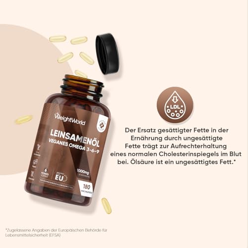 Omega 3 6 9 Vegan Weichkapseln - Aus Leinsamenöl - 180 Vegan Softgels - 1000 mg pro Weichkapsel - 1 pro Tag - Alpha Linolensäure, Linolsäure, Ölsäure - Flaxseed Oil - Glutenfrei - WeightWorld
