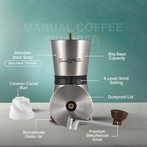 Image of Stainless Steel Manual Coffee Grinder, 80 Grams Bean Capacity | Ceramic Burr, Borosilicate Glass Jar, 8 Grind Settings, Beechwood Knob, For Drip Coffee, Espresso, Cappuccino, French Press