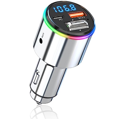 Bluetooth 5.3 FM Transmitter for Car, Wireless FM Radio Adapter with PD 30W + QC3.0 18W Dual USB Ports Car Kit with Hands-Free 7 Colors LED Backlit MP3 Music Player Support AUX Input/Output RGB Light