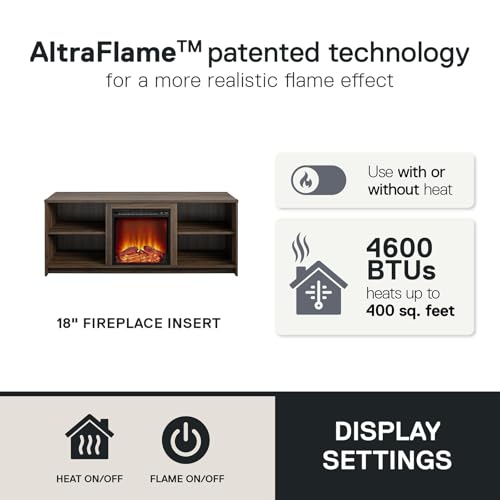 60\" Electric Fireplace TV Stand for TVs up to 65\", Media Console with Heater, Rustic Entertainment Center with Open Shelves and Realistic LED Flame for Living Room (Walnut) - Thumbnail 3