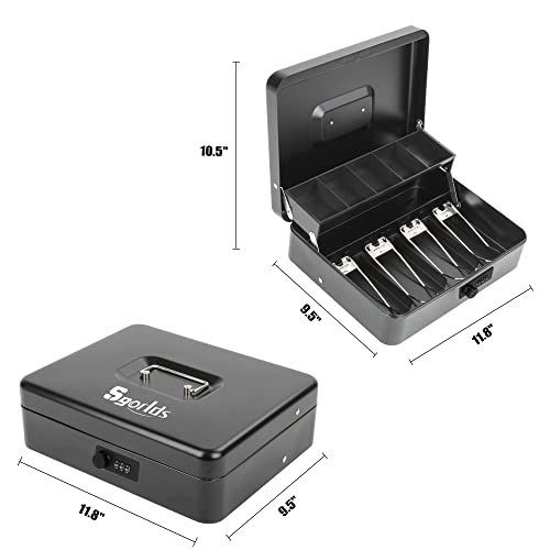Sgorlds Large Locking Cash Box with Combination Lock and Money Tray, Money Box with Cash Tray, Lock Safe Box for Office Business, 11.8L x 9.5W x 3.5H Inches (Combination, Matte Black)