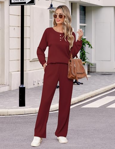 Image of Ekouaer Waffle Knit Pajamas for Women Set Long Sleeve Pants Pj Henley Tops Lounge Sets Comfy Sleepwear with Pockets