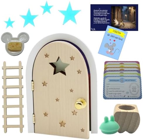 ORIGINAL Kit ratoncito Pérez MÁGICO. Puerta NATURAL de ABETO QUE ABRE Y BRILLA E...