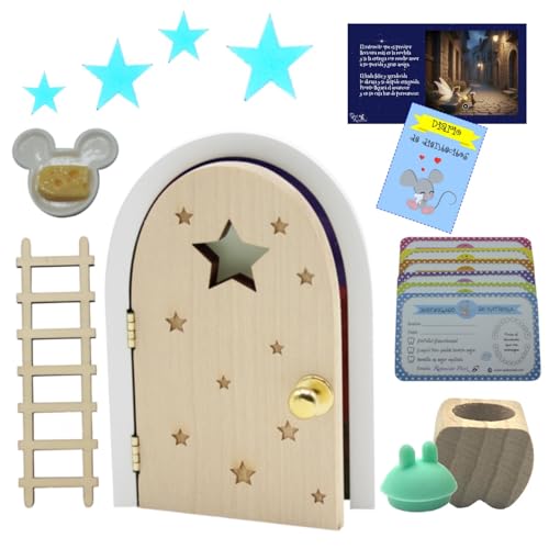 Qué Kawaii® ORIGINAL Kit ratoncito Pérez MÁGICO. Puerta NATURAL QUE ABRE Y BRILLA EN LA OSCURIDAD!!!.. + caja guarda dientes de haya+complentos+certificados. GRATIS CUENTO + DIARIO