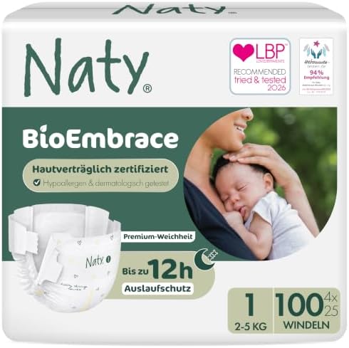 Naty BioEmbrace Baby Windeln für Neugeborene, Größe 1 (2–5 kg), 100 Stück | Hypoallergen für empfindliche Haut, Bis zu 12 Stunden Auslaufschutz, Saugstark, Pflanzenbasierte Weichhe