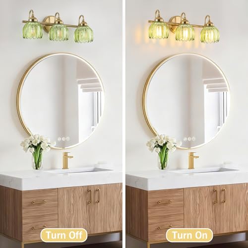 BrkNit Vintage Bathroom Light Fixtures, Brass Vanity Lights with Green Tulip Glass Shade, Vanity Sconces for Bathroom Bedroom Living Room Hallway, 3-Light by BrkNit - Used condition - Image 7