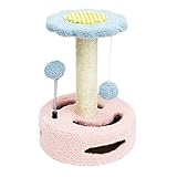 Katzenbaum 35 cm hoch, Katzenkratzbaum mit Aussichtsplattform, Sisal-Stämmen und Katze Lustige Bälle, Stabiler Sonnenblumenform Katzenmöbel Kletterturm für Katzen, Farbe Rosa & Blau