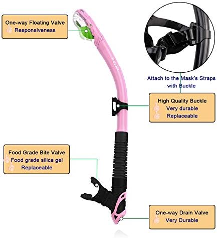 WACOOL Professional Snorkeling Snorkel Diving Scuba Package Set with Anti-Fog Coated Glass Purge Valve and Anti-Splash Silicon Mouth Piece for Men Women (Adults,Black+Pink)