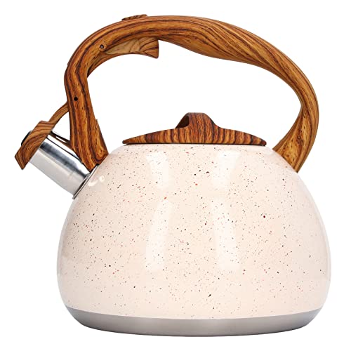 2.7 Quart Whistling Tea Kettle, Stainless Steel Tea Kettles White Teapot Stovetops Tea Pot with Wood Handle for Tea, Coffee, Milk
